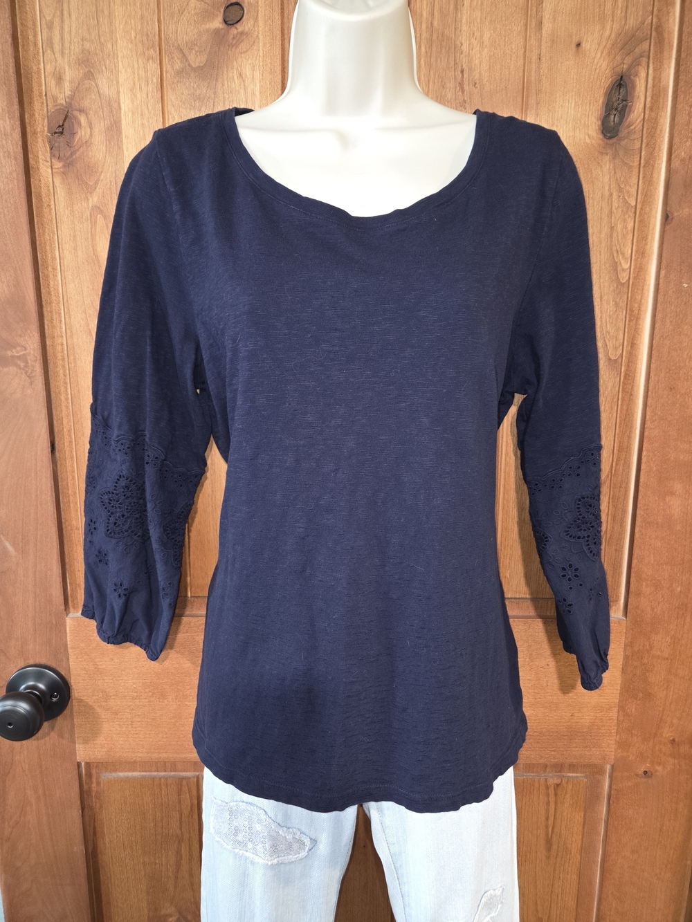 Talbots Navy Eyelet-Sleeve Scoop Neck Top - Picture 1 of 8